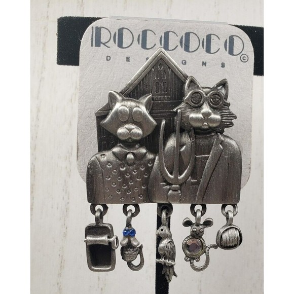 Vintage AJC Pewter Cat Brooch American Gothic Dangle Details Brooch Pin - Picture 2 of 10